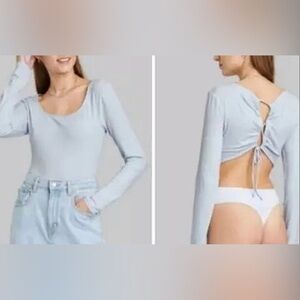 Wild Fable Lightweight Ribbed Long Sleeve Tie Back Thong Bodysuit, Blue, L